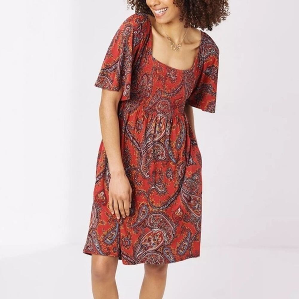 Fat Face Cherry Red Paisley Smocked Flutter Sleeve A-Line Dress US 4 NWOT